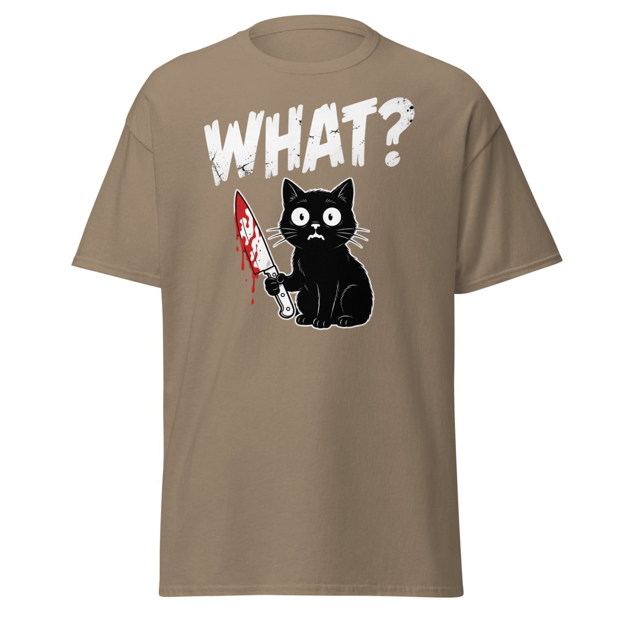 Funny Black Cat Knife "What?" T-Shirt | Guilty Cat Meme - Brown Savana - TeeRipple