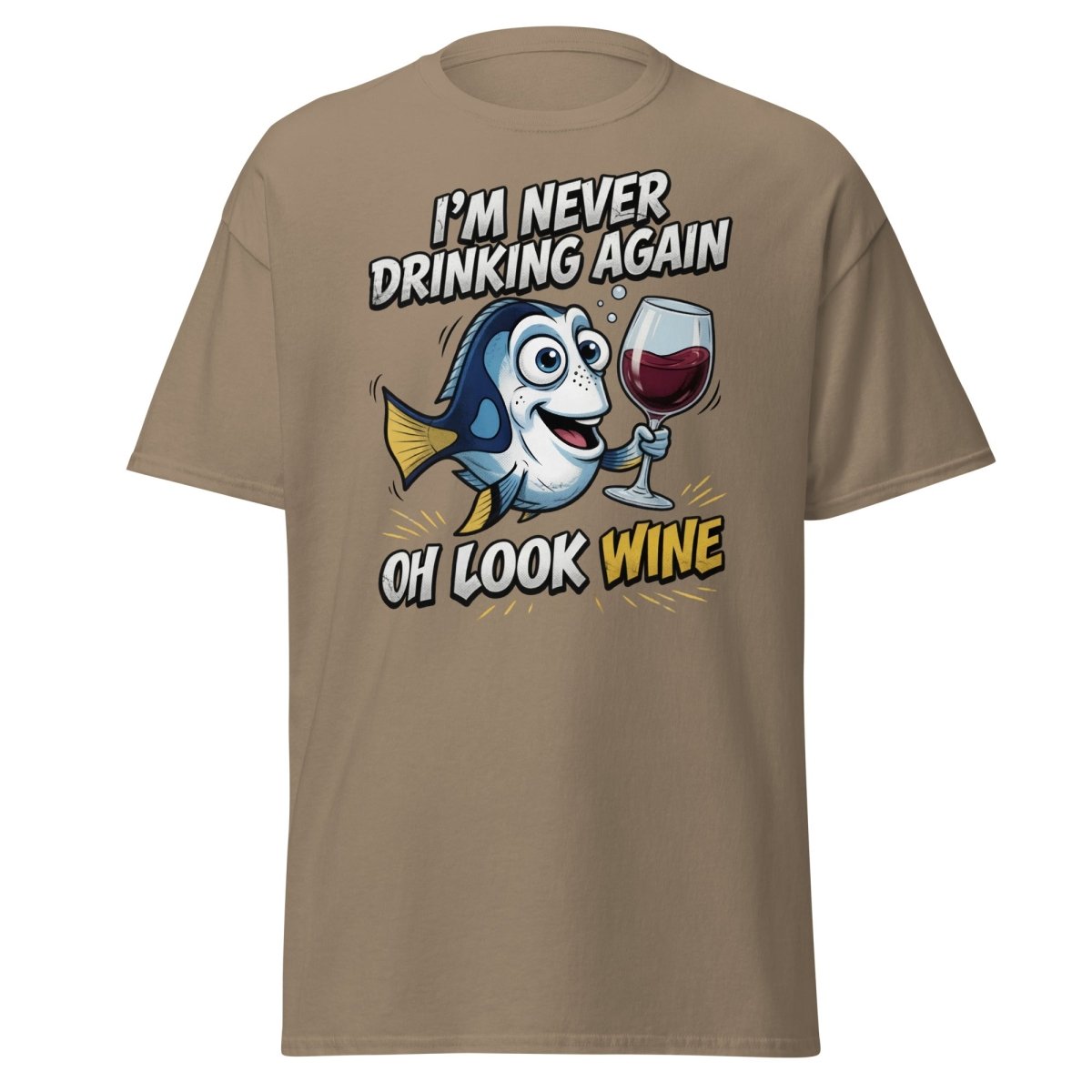 Funny Blue Fish Never Drinking Again Wine T-Shirt - Brown Savana - TeeRipple