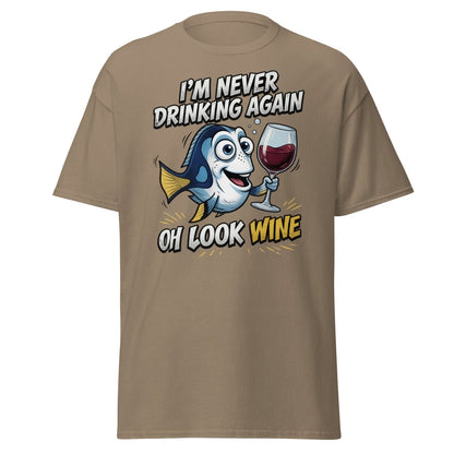 Funny Blue Fish Never Drinking Again Wine T-Shirt - Brown Savana - TeeRipple