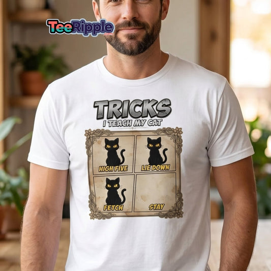 Funny Cat Tricks T-Shirt - Tricks I Teach My Cat - Maroon - TeeRipple