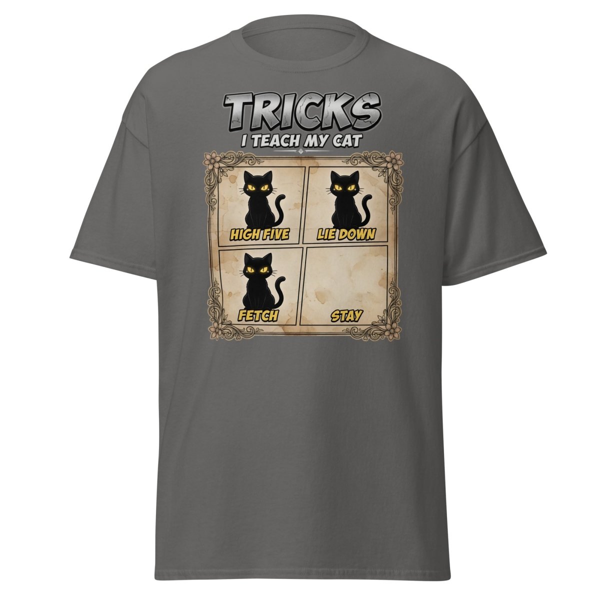 Funny Cat Tricks T-Shirt - Tricks I Teach My Cat - Charcoal - TeeRipple