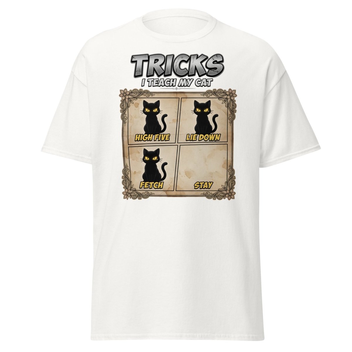 Funny Cat Tricks T-Shirt - Tricks I Teach My Cat - White - TeeRipple