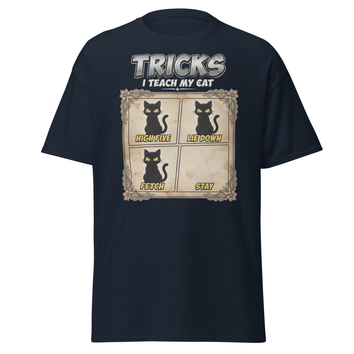 Funny Cat Tricks T-Shirt - Tricks I Teach My Cat - Navy - TeeRipple