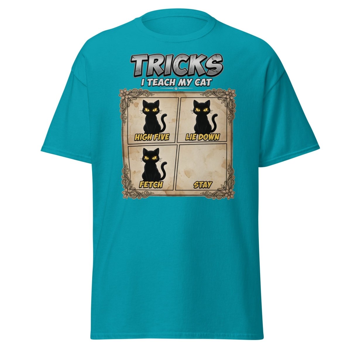 Funny Cat Tricks T-Shirt - Tricks I Teach My Cat - Tropical Blue - TeeRipple