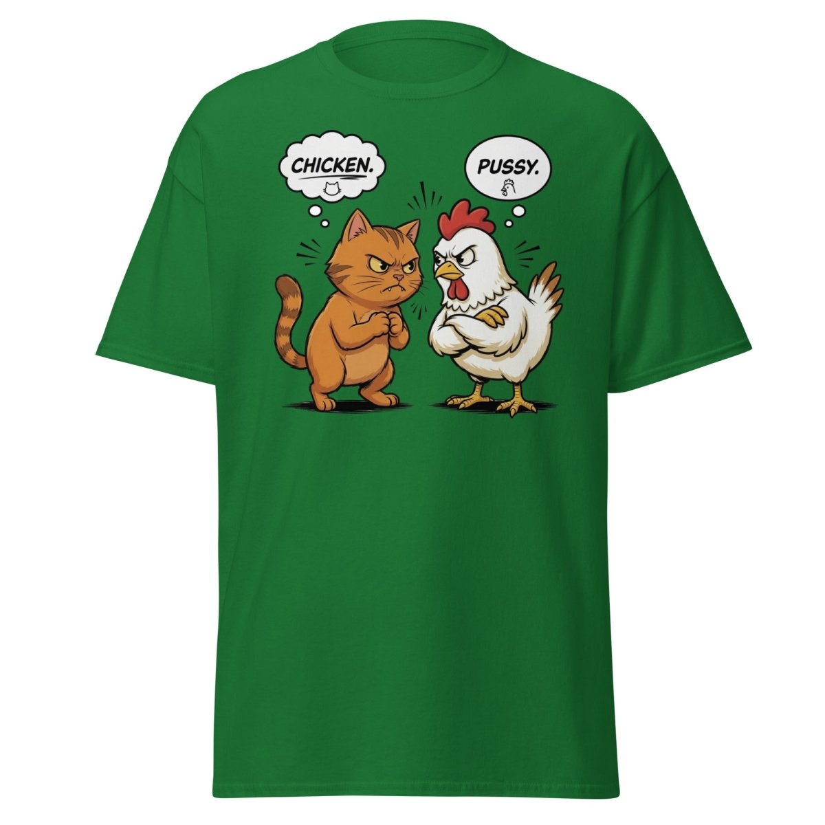 Funny Cat vs Chicken "Pussy" Pun T-Shirt - Turf Green - TeeRipple