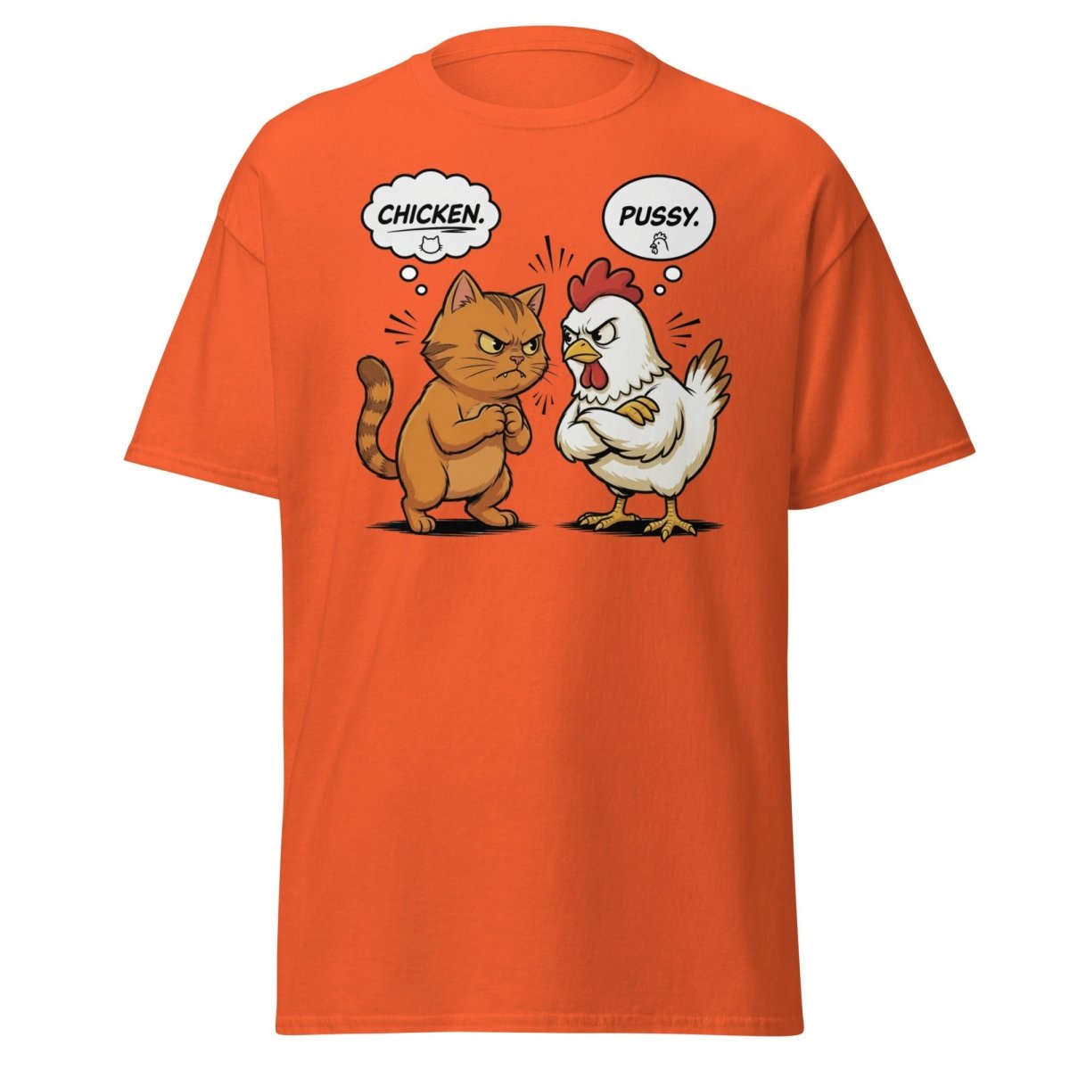 Funny Cat vs Chicken "Pussy" Pun T-Shirt - Orange - TeeRipple