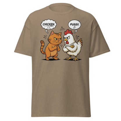 Funny Cat vs Chicken "Pussy" Pun T-Shirt - Brown Savana - TeeRipple