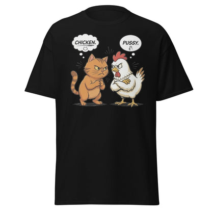 Funny Cat vs Chicken "Pussy" Pun T-Shirt - Black - TeeRipple