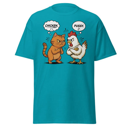 Funny Cat vs Chicken "Pussy" Pun T-Shirt - Tropical Blue - TeeRipple