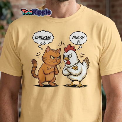 Funny Cat vs Chicken "Pussy" Pun T-Shirt - Maroon - TeeRipple
