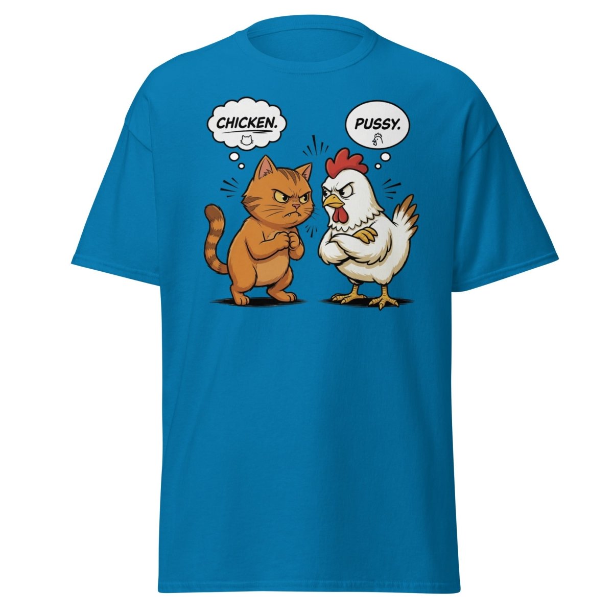Funny Cat vs Chicken "Pussy" Pun T-Shirt - Sapphire - TeeRipple