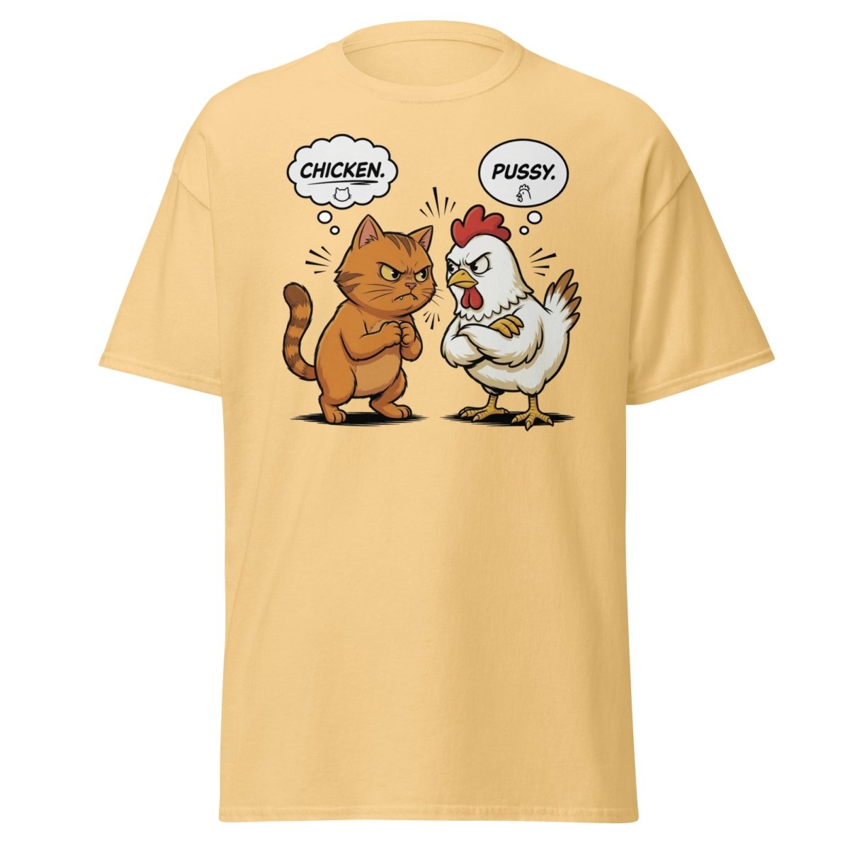 Funny Cat vs Chicken "Pussy" Pun T-Shirt - Yellow Haze - TeeRipple