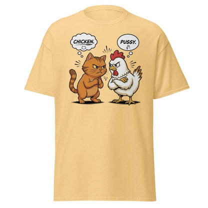 Funny Cat vs Chicken "Pussy" Pun T-Shirt - Yellow Haze - TeeRipple