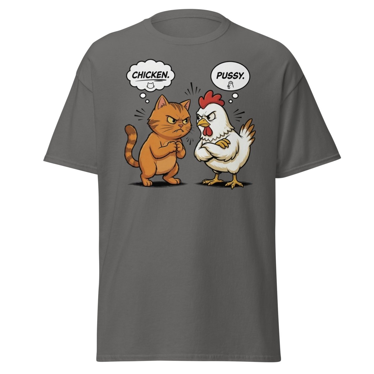 Funny Cat vs Chicken "Pussy" Pun T-Shirt - Charcoal - TeeRipple