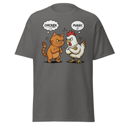 Funny Cat vs Chicken "Pussy" Pun T-Shirt - Charcoal - TeeRipple