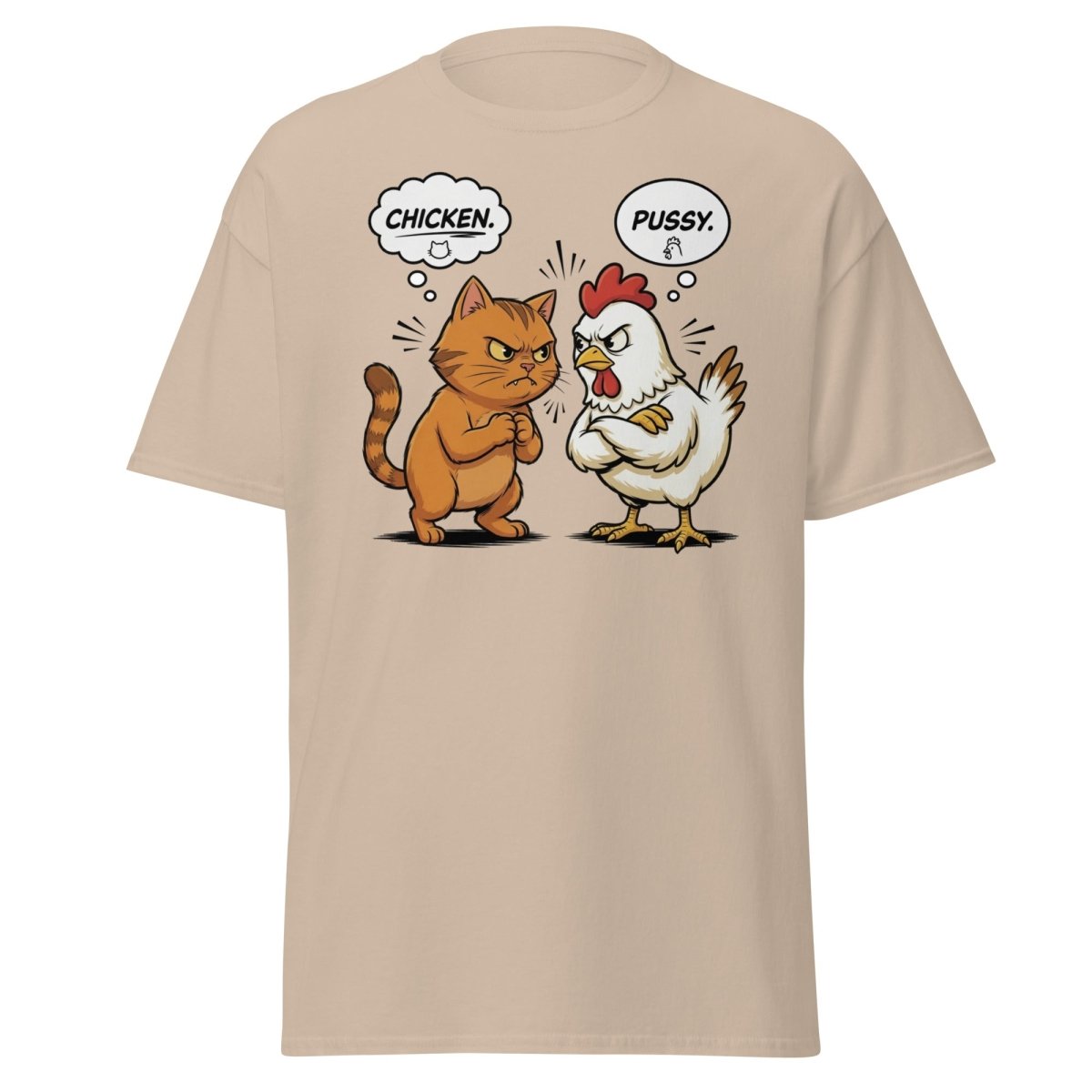 Funny Cat vs Chicken "Pussy" Pun T-Shirt - Sand - TeeRipple