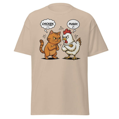 Funny Cat vs Chicken "Pussy" Pun T-Shirt - Sand - TeeRipple