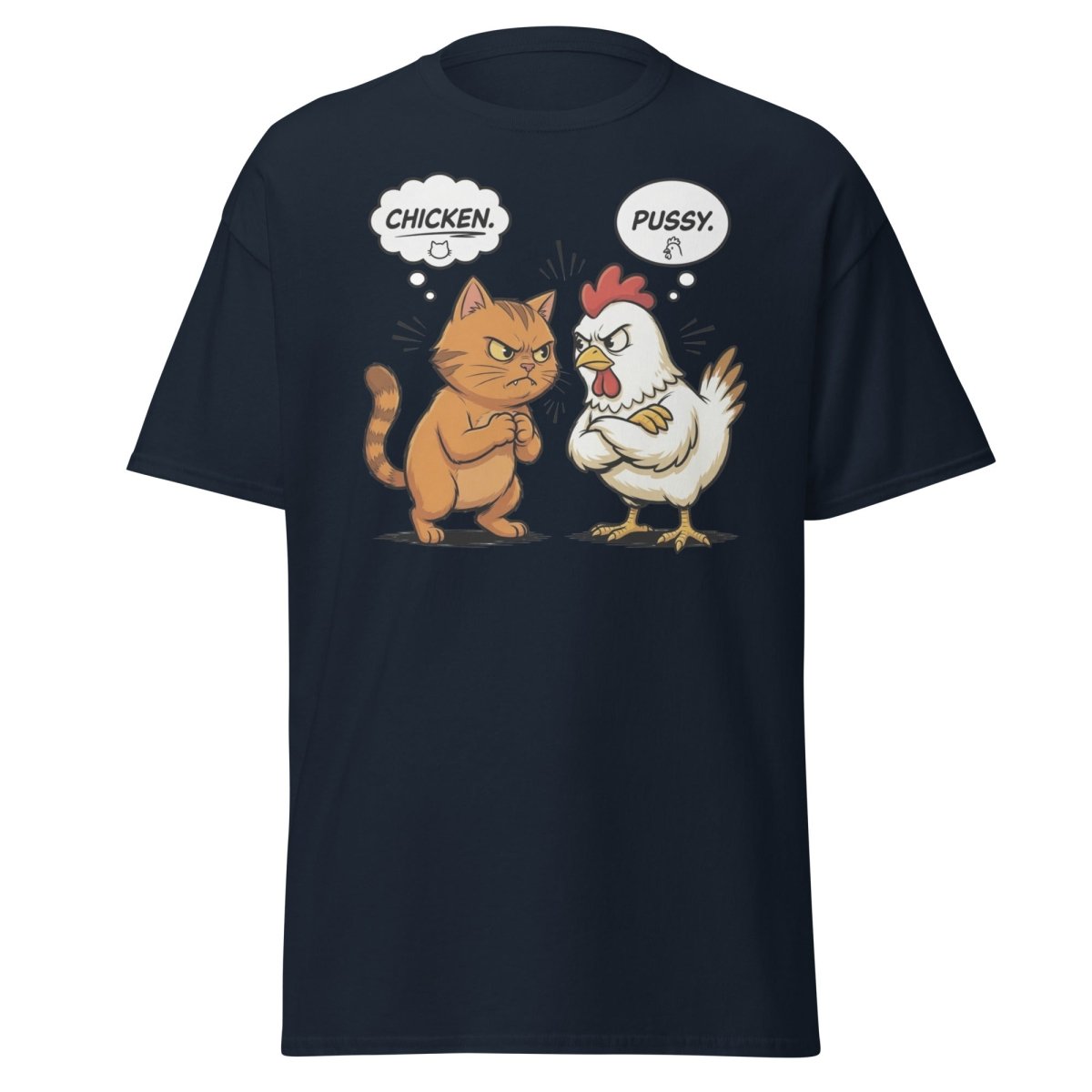 Funny Cat vs Chicken "Pussy" Pun T-Shirt - Navy - TeeRipple