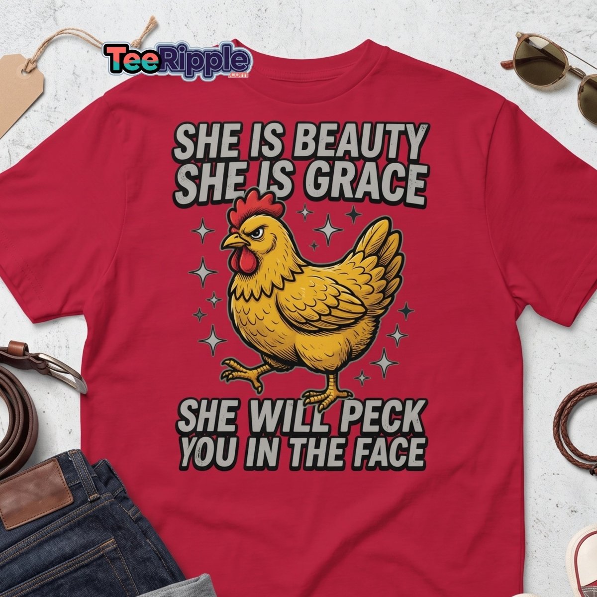 Funny Chicken T-Shirt - She Will Peck You In The Face - Maroon - TeeRipple