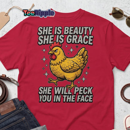 Funny Chicken T-Shirt - She Will Peck You In The Face - Maroon - TeeRipple