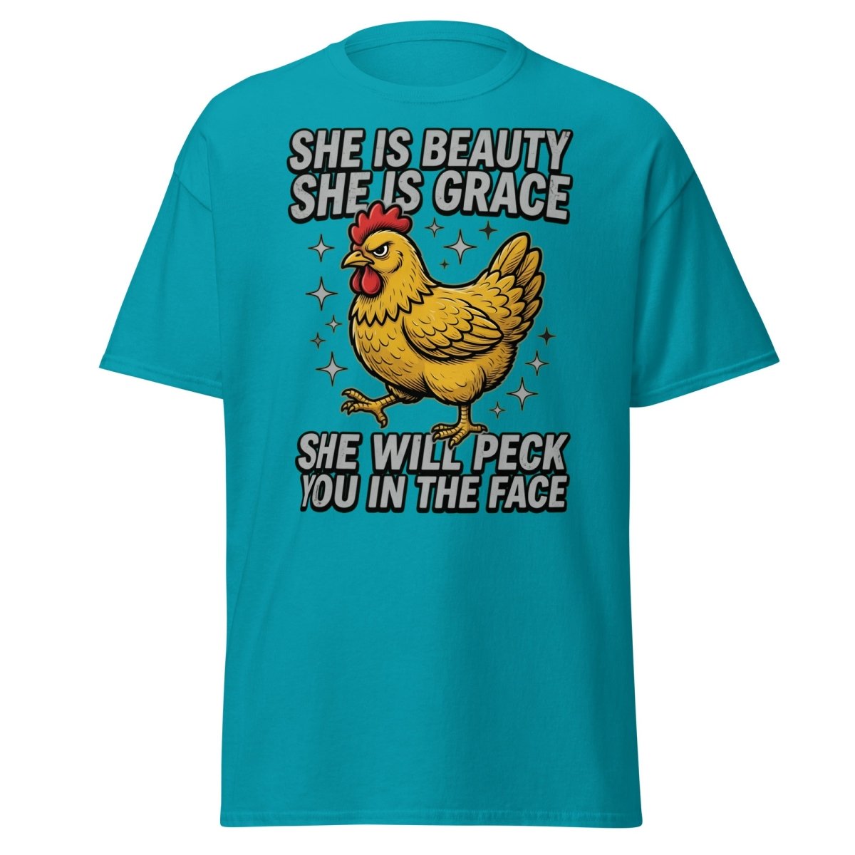 Funny Chicken T-Shirt - She Will Peck You In The Face - Tropical Blue - TeeRipple