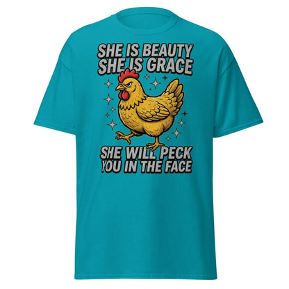 Funny Chicken T-Shirt - She Will Peck You In The Face - Tropical Blue - TeeRipple