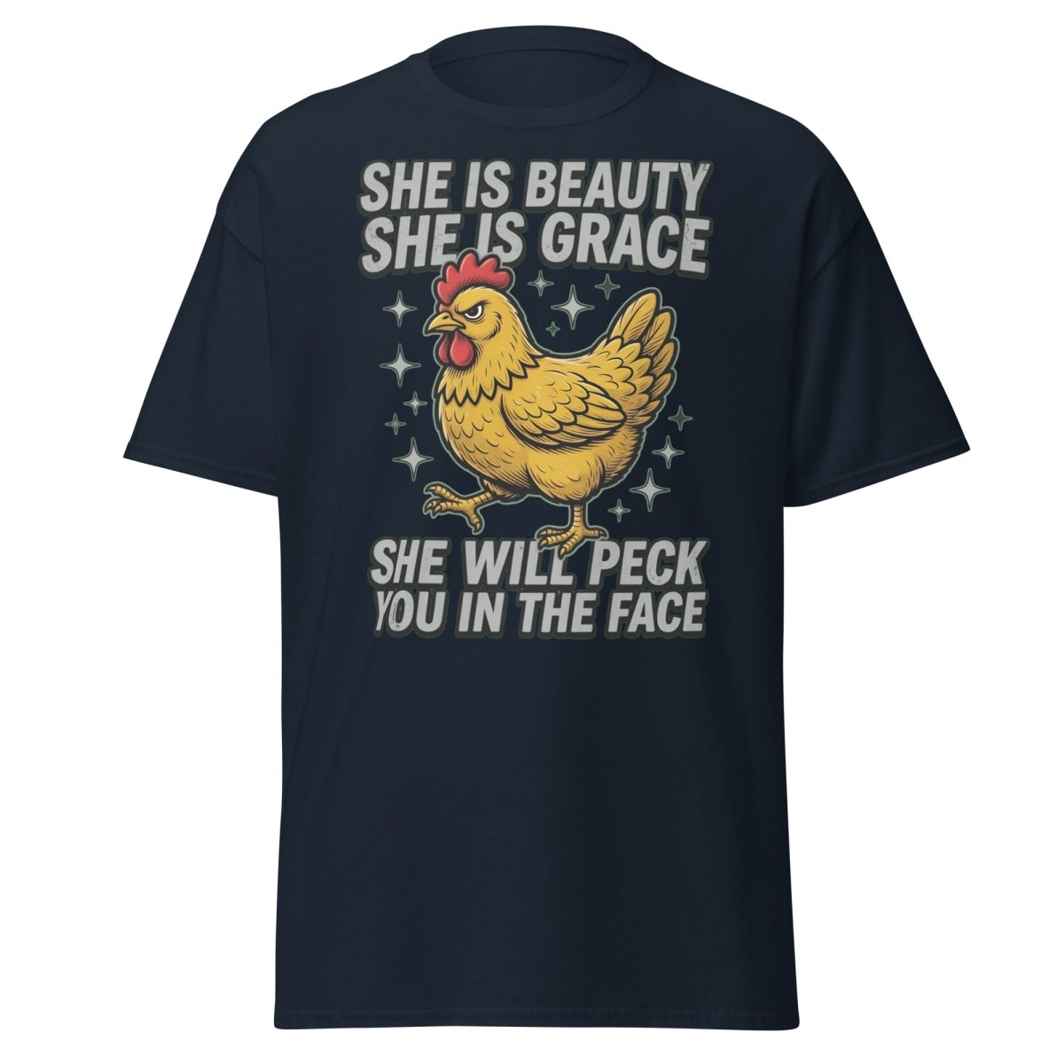 Funny Chicken T-Shirt - She Will Peck You In The Face - Navy - TeeRipple