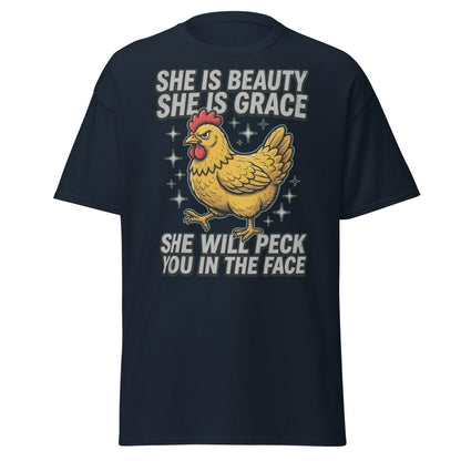 Funny Chicken T-Shirt - She Will Peck You In The Face - Navy - TeeRipple