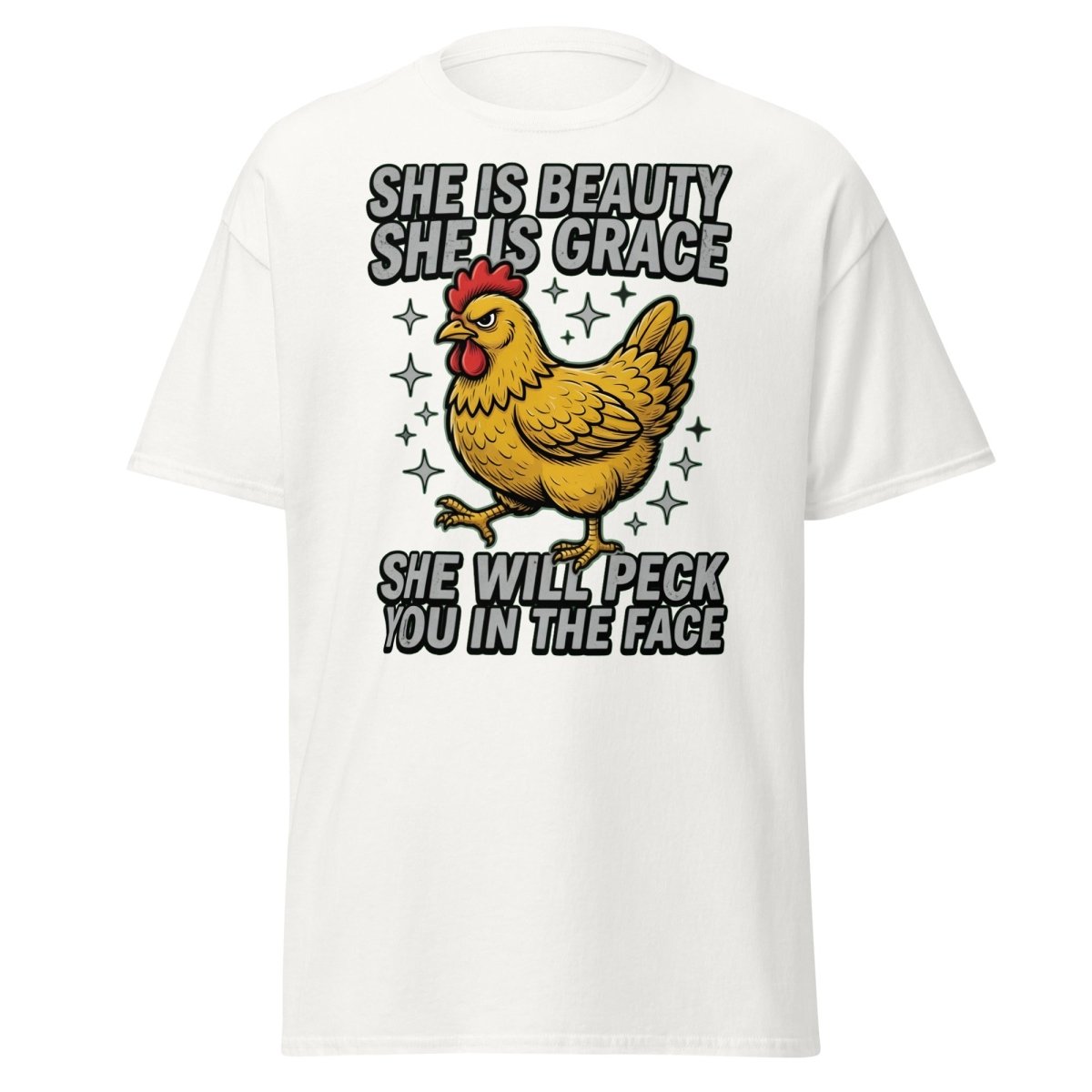Funny Chicken T-Shirt - She Will Peck You In The Face - White - TeeRipple