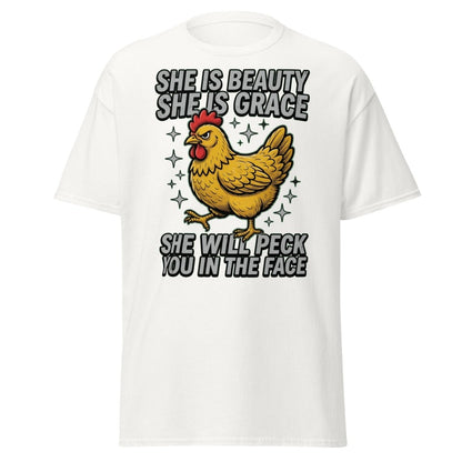 Funny Chicken T-Shirt - She Will Peck You In The Face - White - TeeRipple