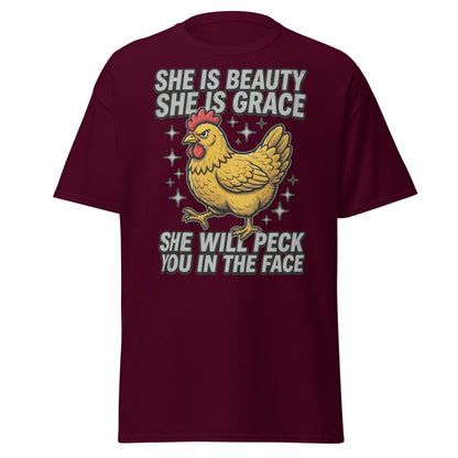 Funny Chicken T-Shirt - She Will Peck You In The Face - Maroon - TeeRipple