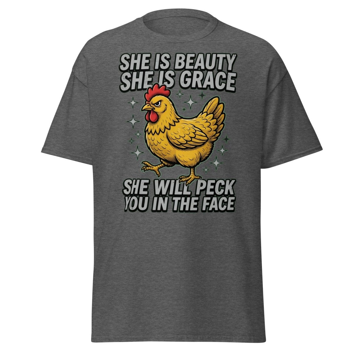 Funny Chicken T-Shirt - She Will Peck You In The Face - Dark Heather - TeeRipple