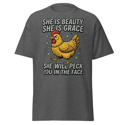 Funny Chicken T-Shirt - She Will Peck You In The Face - Dark Heather - TeeRipple