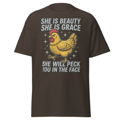Funny Chicken T-Shirt - She Will Peck You In The Face - Dark Chocolate - TeeRipple