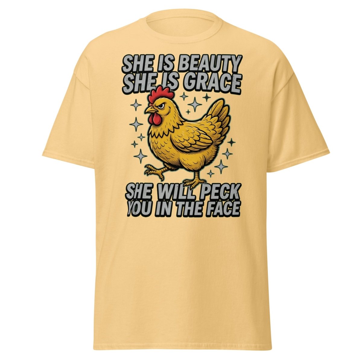 Funny Chicken T-Shirt - She Will Peck You In The Face - Yellow Haze - TeeRipple