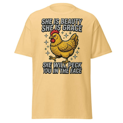 Funny Chicken T-Shirt - She Will Peck You In The Face - Yellow Haze - TeeRipple