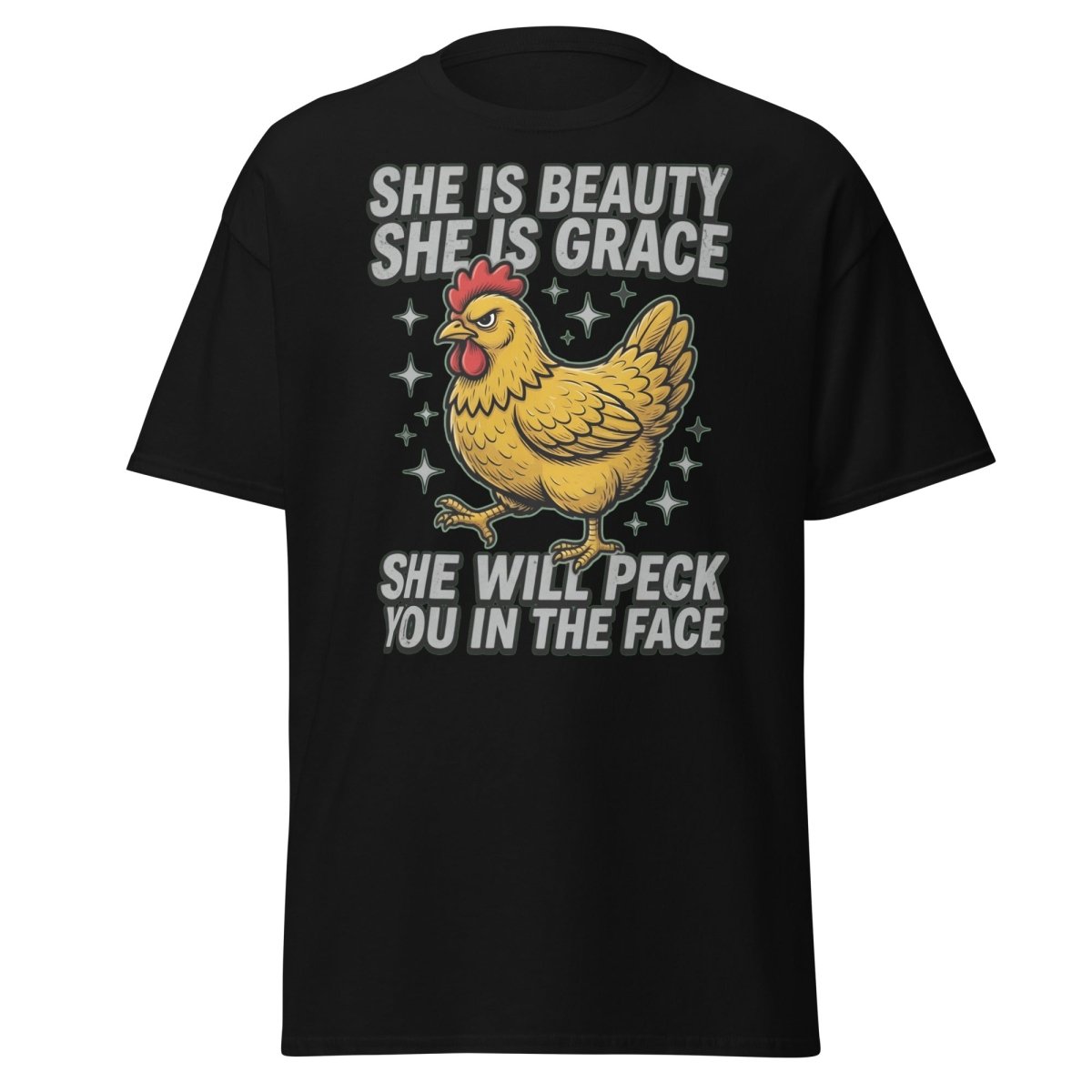 Funny Chicken T-Shirt - She Will Peck You In The Face - Black - TeeRipple