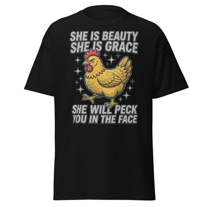 Funny Chicken T-Shirt - She Will Peck You In The Face - Black - TeeRipple