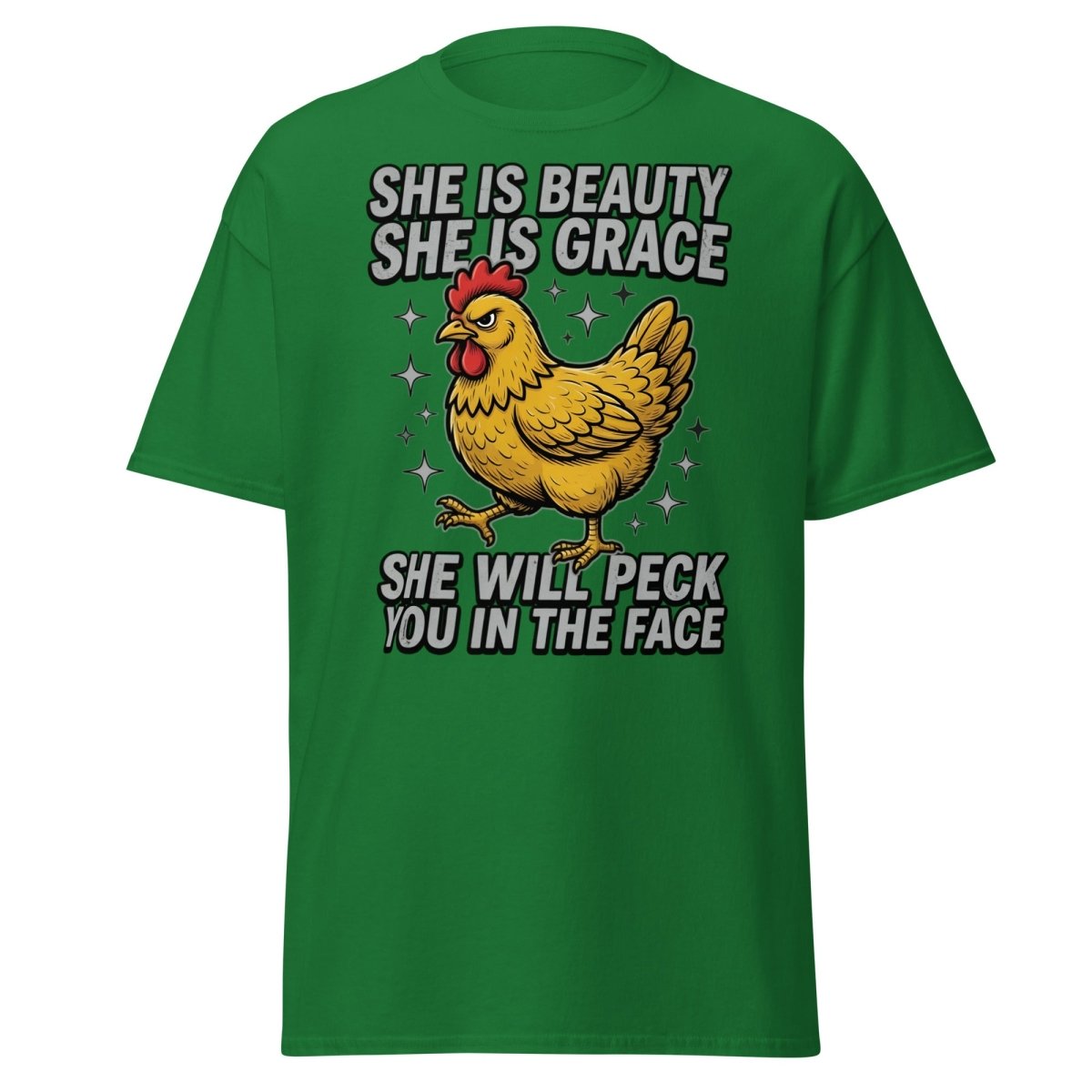 Funny Chicken T-Shirt - She Will Peck You In The Face - Turf Green - TeeRipple
