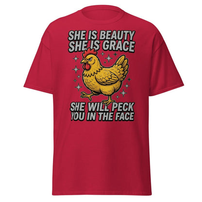 Funny Chicken T-Shirt - She Will Peck You In The Face - Cardinal - TeeRipple