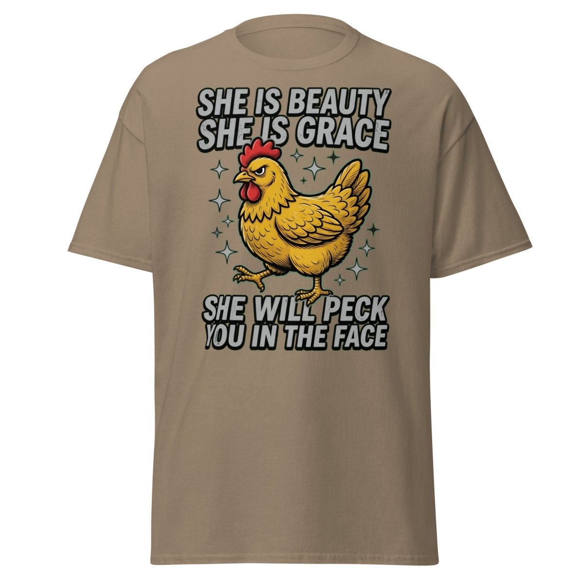 Funny Chicken T-Shirt - She Will Peck You In The Face - Brown Savana - TeeRipple