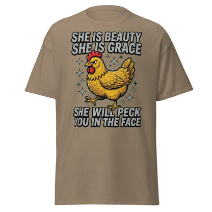 Funny Chicken T-Shirt - She Will Peck You In The Face - Brown Savana - TeeRipple