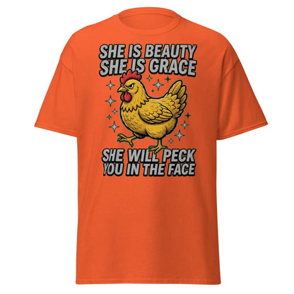 Funny Chicken T-Shirt - She Will Peck You In The Face - Orange - TeeRipple