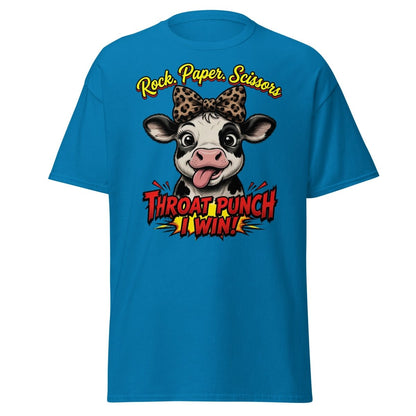 Funny Cow Throat Punch T-Shirt | Rock Paper Scissors Tee - Sapphire - TeeRipple