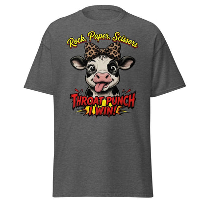 Funny Cow Throat Punch T-Shirt | Rock Paper Scissors Tee - Dark Heather - TeeRipple