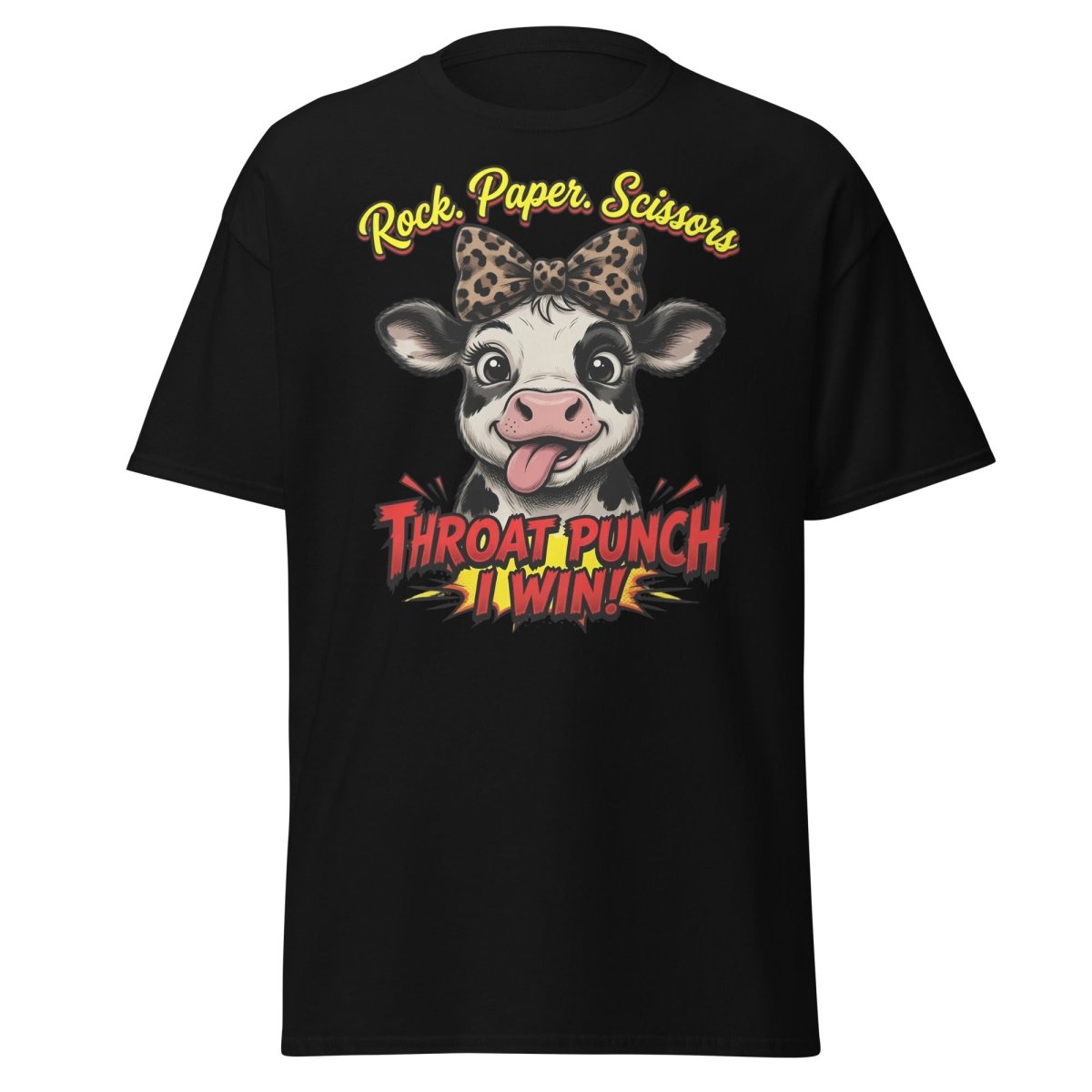 Funny Cow Throat Punch T-Shirt | Rock Paper Scissors Tee - Black - TeeRipple