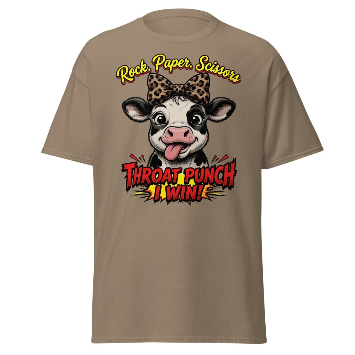 Funny Cow Throat Punch T-Shirt | Rock Paper Scissors Tee - Brown Savana - TeeRipple