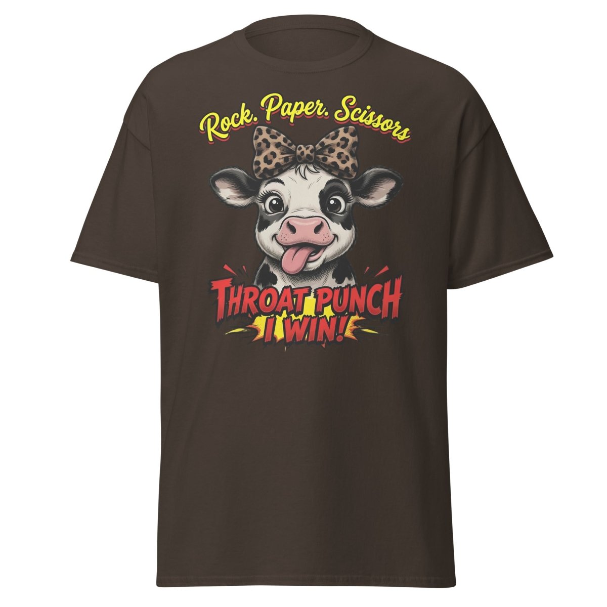 Funny Cow Throat Punch T-Shirt | Rock Paper Scissors Tee - Dark Chocolate - TeeRipple