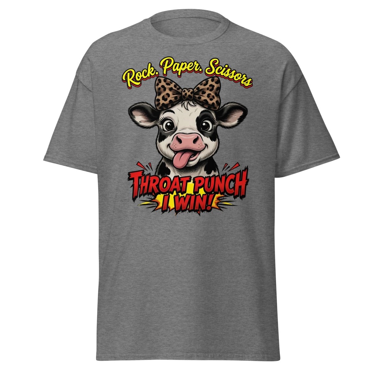 Funny Cow Throat Punch T-Shirt | Rock Paper Scissors Tee - Graphite Heather - TeeRipple