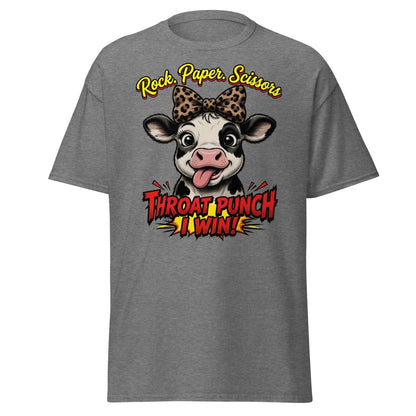 Funny Cow Throat Punch T-Shirt | Rock Paper Scissors Tee - Graphite Heather - TeeRipple